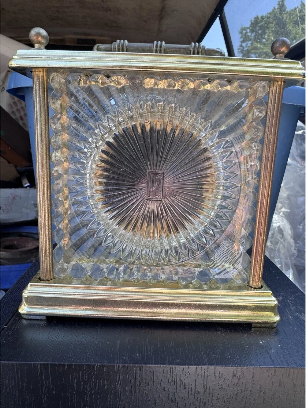PS Paul Sebastian Vintage Quartz Clock Faceted Glass Brass Mantel Desk Clock